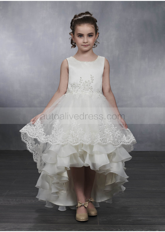 Pearl Neck Ivory Satin Tulle Lace Trim Tiered High Low Flower Girl Dress